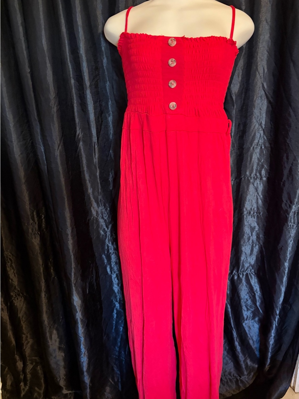 Boohoo Plus Red Smocked Button-Front Jumpsuit